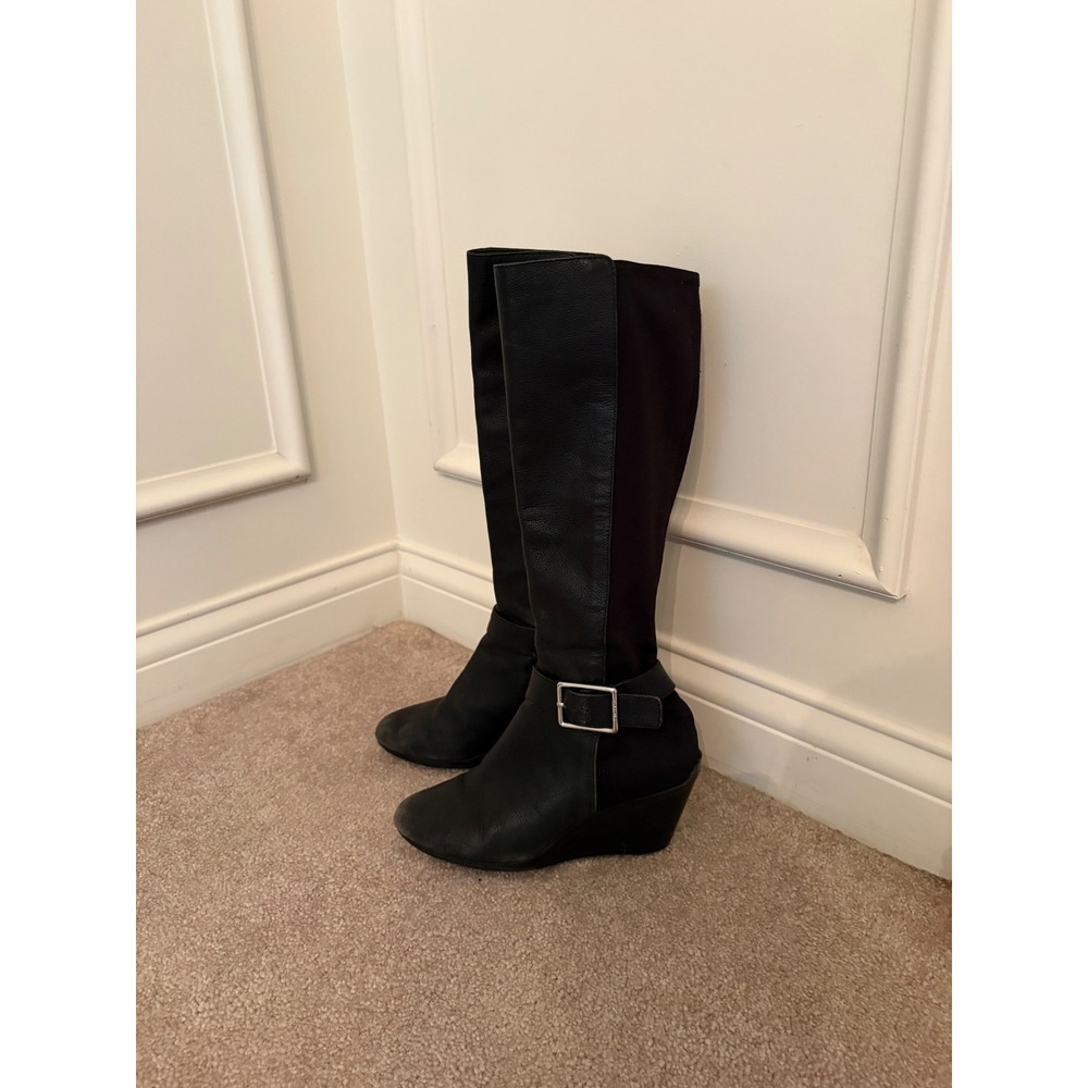 Calvin Klein Taya Black Leather Wedge Knee High Boots 5M 34E0676